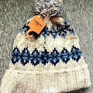 Faherty Valley Fair Isle Beanie Grey Blue Cuffed Pom Pom Wool Winter Hat OS